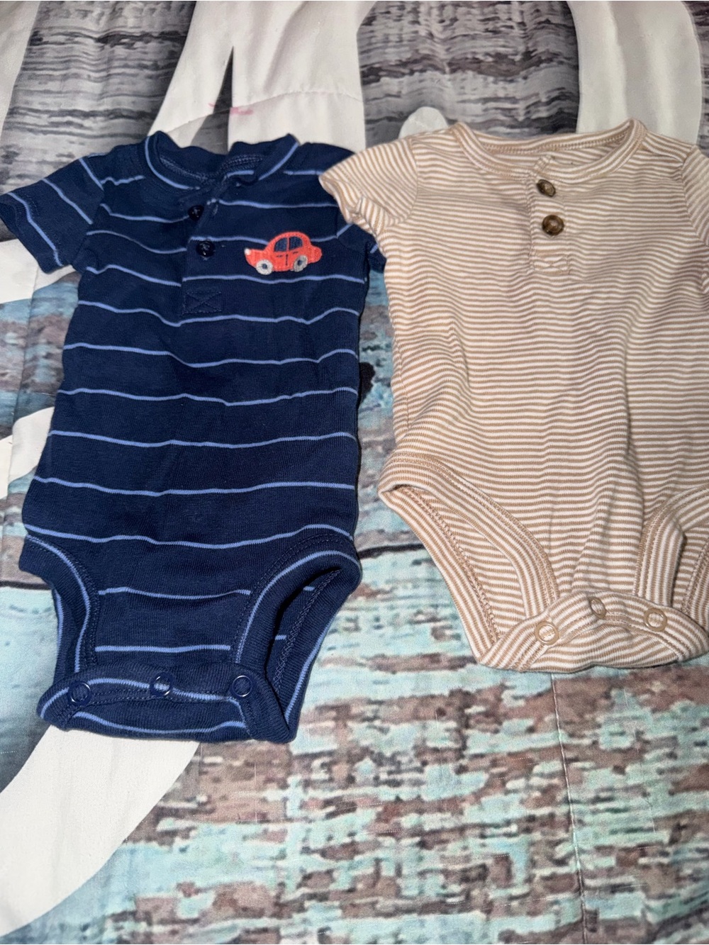 Carter's Navy Striped One-Piece with Red Car & Tan Striped One-Piece Duo